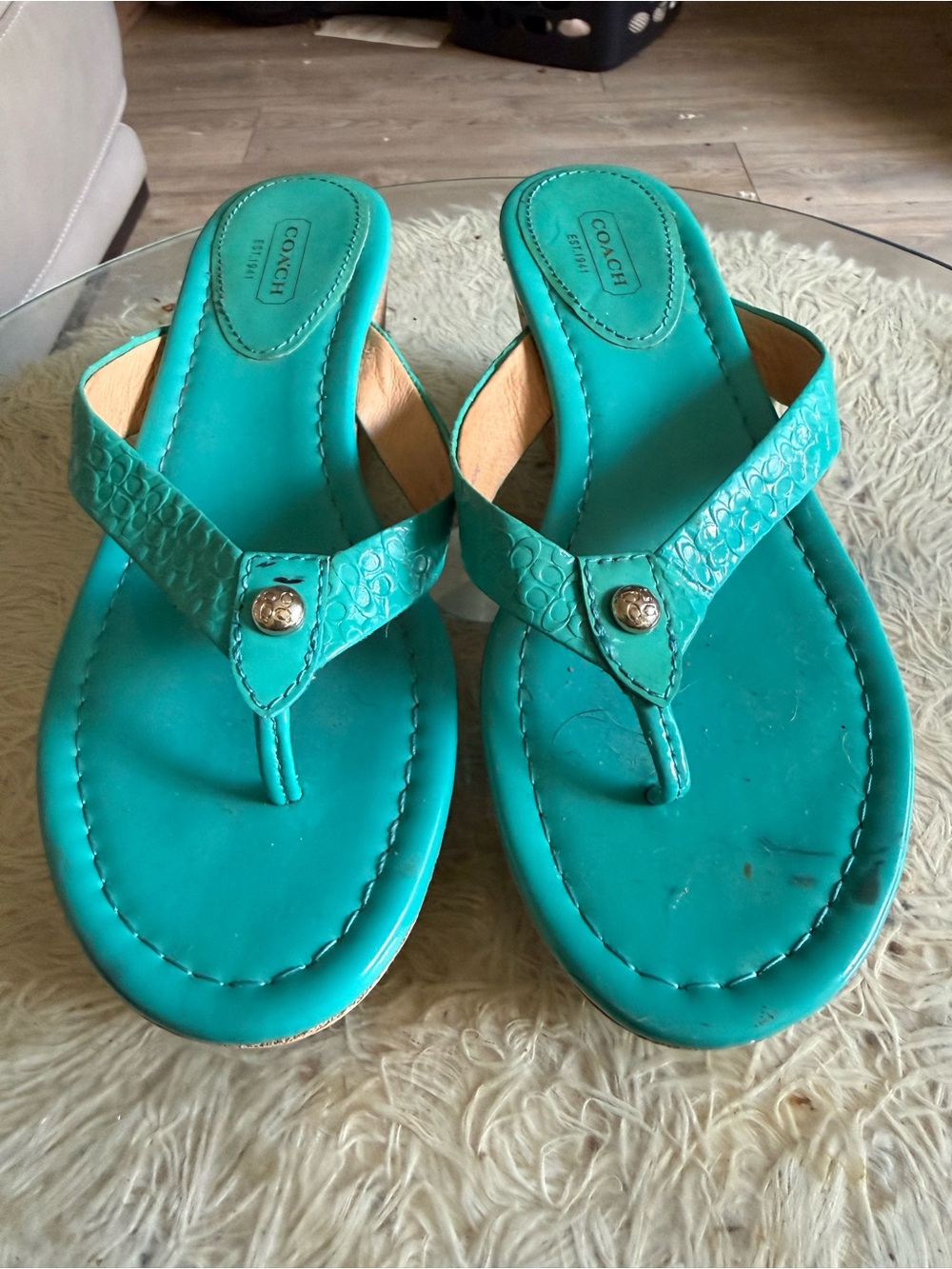 COACH Turquoise Leather Thong Sandals